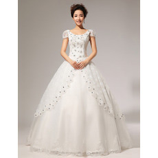 Custom Cap Sleeves Ball Gown Scoop Floor Length Satin Wedding Dresses