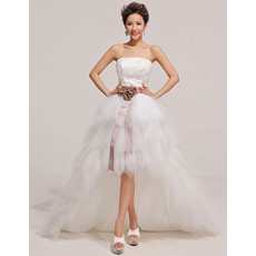 Sexy High-Low A-Line Strapless Ruffle Wedding Dresses with Sashes