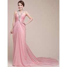 Sexy Elegant Chiffon V-Neck Court Train Sheath Evening/ Prom Dresses