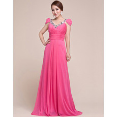 Custom Cap Sleeves Chiffon V-Neck Sweep Train Evening/ Prom Dresses