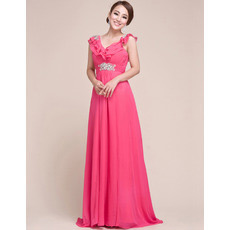 Custom V-Neck Chiffon Sweep Train Sheath/ Column Evening/ Prom Dresses