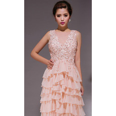 Sexy Tiered Skirt V-Neck Chiffon Sheath Sweep Train Evening Dresses