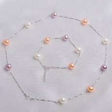 Multicolor 8mm Freshwater Off-Round Bridal Pearl Bracelet and Necklace