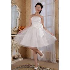 Simple A-Line Strapless Knee Length Lace Tulle Dresses for Summer Wedding with Bow