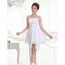 Stylish A-Line Strapless Short Beach Ruched White Chiffon Wedding Dresses with Beaded