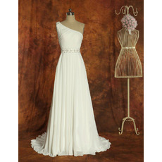 Inexpensive One Shoulder Chiffon Sweep Train A-Line Wedding Dresses