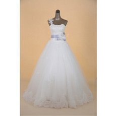 Classic One Shoulder A-Line Brush Train Satin Wedding Dresses