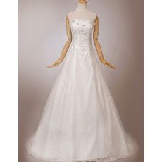 Discount Elegant A-Line Lace Strapless Sweep Train Wedding Dresses