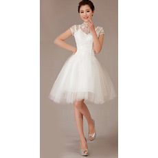Mandarin Collar Short Sleeves Lace Short Reception Wedding Dresses