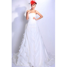 Discount Tiered Chapel Train Organza Strapless Wedding Dresses