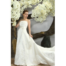 Custom Simple Chapel Train Strapless Satin A-Line Wedding Dresses