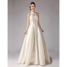 Custom Mandarin Collar A-Line Floor Length Satin Wedding Dresses