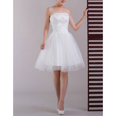 Inexpensive A-Line Strapless Satin Short Beach Wedding Dresses