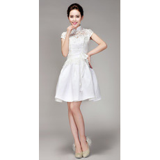 Informal Mandarin Collar Lace A-Line Short Reception Wedding Dresses