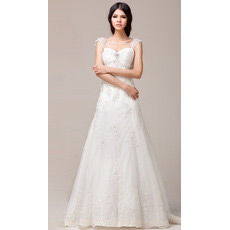 Inexpensive Straps A-Line Brush/ Sweep Train Satin Wedding Dresses