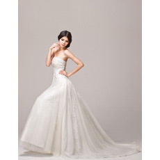 Custom A-Line Strapless Court Train Satin Organza Wedding Dresses