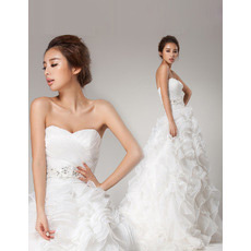 Custom Ruffle Sweetheart Organza A-Line Brush Train Wedding Dresses