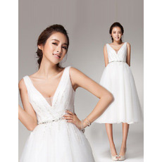 Custom V-Neck Knee Length Organza A-Line Short Reception Wedding Dresses