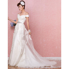 Inexpensive Off-the-shoulder Brush/ Sweep Train Satin Wedding Dresses