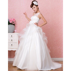 Chic Mordern One Shoulder A-Line Sweep Train Satin Wedding Dresses