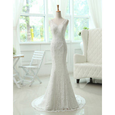 Mermaid/ Trumpet Lace V-Neck Brush Train Dresses for Spring Wedding