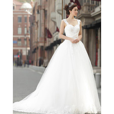 Affordable Elegant Straps A-Line Organza Sweep Train Wedding Dresses
