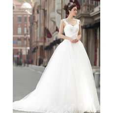 Affordable Elegant Straps A-Line Organza Sweep Train Wedding Dresses