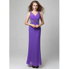 Chiffon V-Neck Column/ Sheath Ankle Length Evening Dresses for Prom