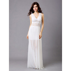 Inexpensive Lace Chiffon V-Neck Sheath Floor Length Evening Dresses