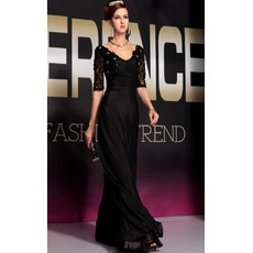 Inexpensive Sleeved Black Chiffon Sheath Floor Length Evening Dresses