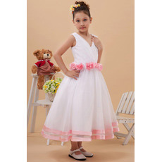 Discount Lovely Tea Length Organza V-Neck Flower Girl Dresses