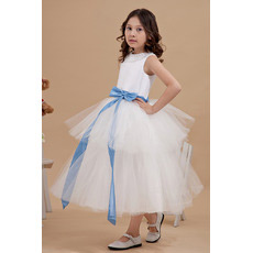 Custom Ball Gown Tiered Tulle Satin First Communion Dresses with Sashes