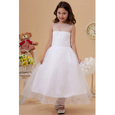 Affordable Beaded A-Line Organza Tea Length First Communion Dresses