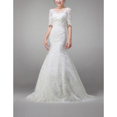 Affordable Sexy Lace Mermaid Sweep Train Wedding Dresses with Sleeves