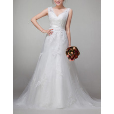 Affordable Vintage A-Line V-Neck Sweep Train Organza Wedding Dresses