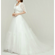 Affordable Custom A-Line Sweep Train Wedding Dresses with Cap Sleeves