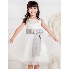 Custom Ball Gown Short Beading First Communion Dresses with Bow Sashes