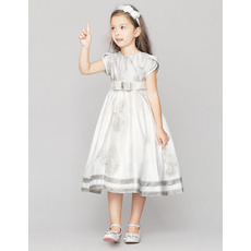 Cap Sleeves Knee Length A-Line Satin First Communion Dresses