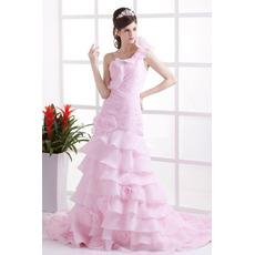 Discount One Shoulder Chapel Train Satin Organza Pink Wedding Dresses
