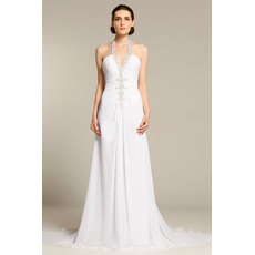 Sexy Sheath Halter Sleeveless Chapel Train Chiffon Wedding Dresses