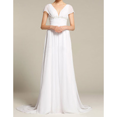 V-Neck Cap Sleeves Sweep Train Chiffon Wedding Dresses