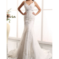 Custom Sheath Spaghetti Straps Court Train Tulle Wedding Dresses