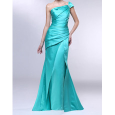 Sexy Sheath One Shoulder Floor Length Satin Pleated Evening Dresses