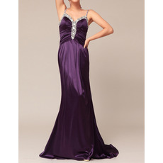 Sexy Sheath Spaghetti Straps Sweep Train Satin Beading Evening Dresses