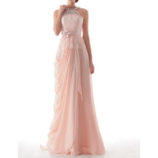 Custom Sheath Round Neck Floor Length Chiffon Lace Evening Dresses