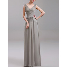 Custom Column V-Neck Sleeveless Floor Length Chiffon Evening Dresses