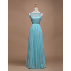 Custom A-Line Bateau Sleeveless Floor Length Tulle Evening Dresses