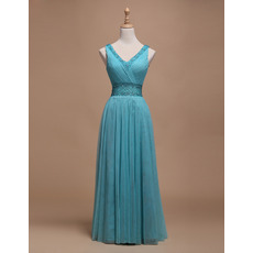 Inexpensive A-Line V-Neck Sleeveless Floor Length Tulle Evening Dresses