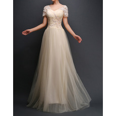 Custom Sweetheart Long Tulle Evening Dresses with Short Sleeves