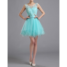 A-Line Sleeveless Short Satin Tulle Homecoming Dresses